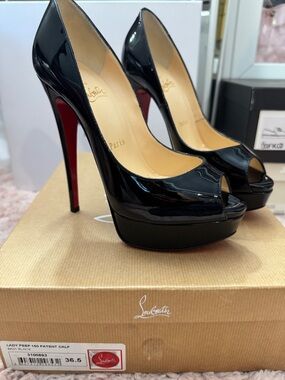 Christian Louboutin Black Patent Peep-Toe Platform Pumps with Red Sole